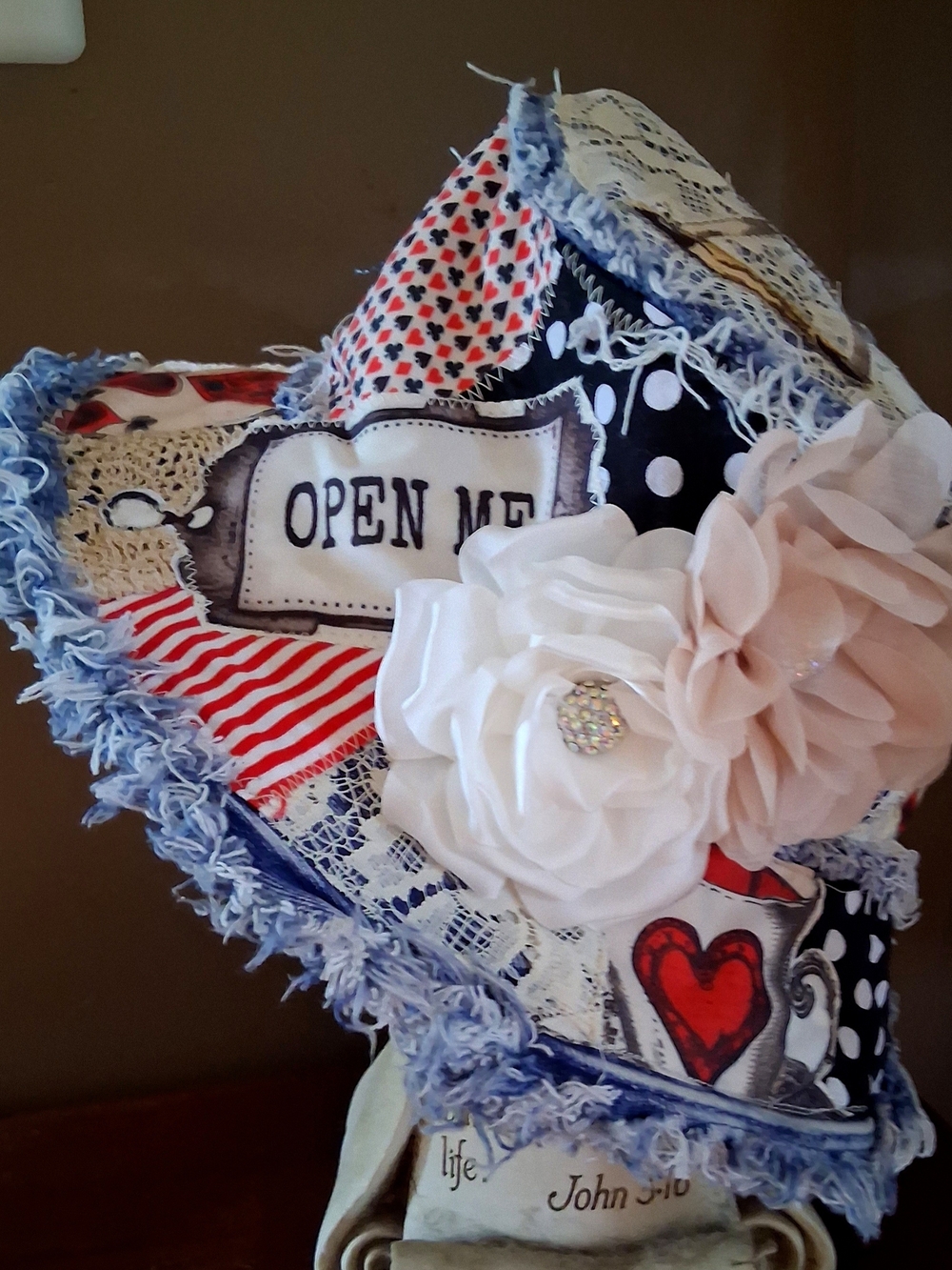 Boho Patchwork Denim Floral Accent Sun Hat with Pink and White Flowers